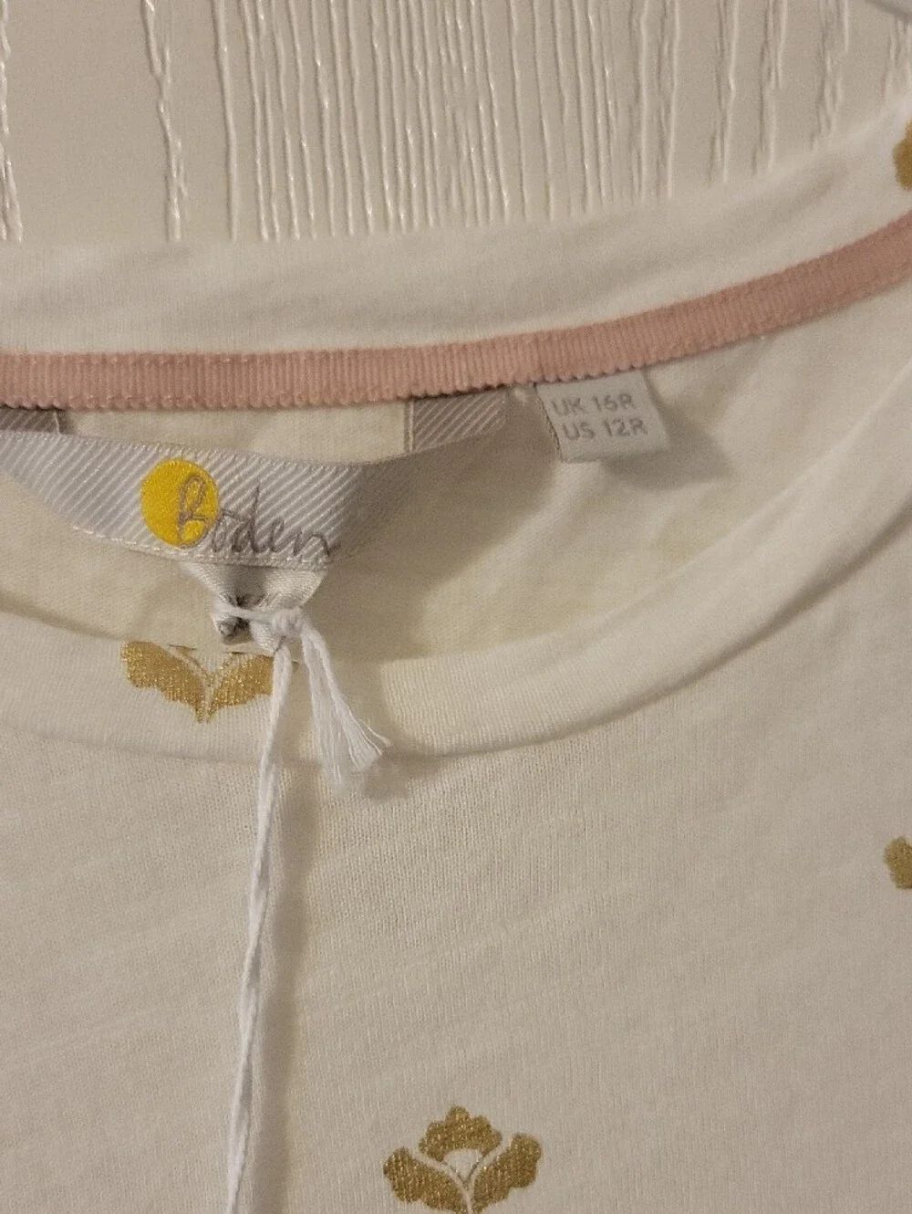 NWT Boden Cream Dress with Gold Foil Motif